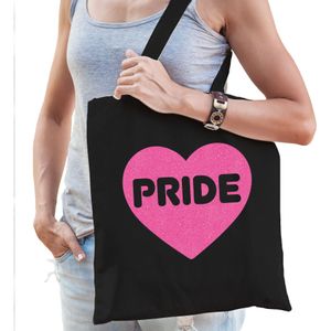 Gay Pride tas voor dames - zwart - katoen - 42 x 38 cm - roze glitter hart - LHBTI - Feest Boodschappentassen