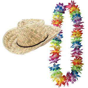 Carnaval verkleed set - Tropische Hawaii party - strohoed - met LED gekleurde bloemenslinger - Verkleedhoofddeksels