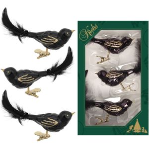 3x stuks luxe glazen decoratie vogels op clip zwart 11 cm - decoratief-figuur