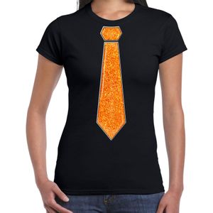Verkleed t-shirt voor dames - stropdas glitter oranje - zwart - carnaval - foute party - Feestshirts