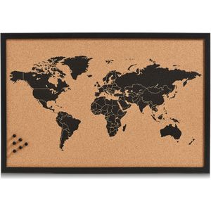 Prikbord wereldkaart - zwart - 60 x 40 cm - kurk/hout - incl. punaises - Prikborden