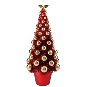 Complete mini kunst kerstboompje/kunstboompje rood/goud met kerstballen 50 cm - Kunstkerstboom