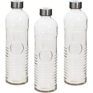 Set van 3x stuks waterflessen/drinkflessen 1 liter van gehard ribbel glas - Glazen drink flessen