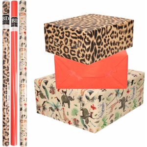 9x Rollen kraft inpakpapier jungle/panter pakket - dieren/luipaard/rood 200 x 70 cm - Cadeaupapier