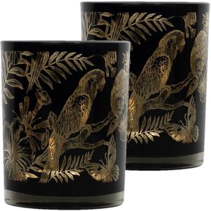 Set van 3x stuks theelichthouder/waxinelichthouder glas zwart 10 cm papegaai print - Windlichtjes/kaarsenhouders