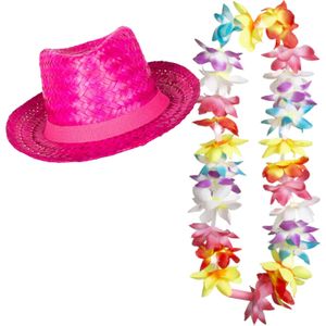 Tropische Hawaii party verkleedset - roze strohoedje - en LED lichtjes bloemenkrans - Verkleedhoofddeksels