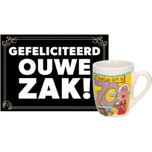 Verjaardagsmok/beker 70 jaar man met grappige tekst 300 ml + wenskaart ouwe zak - feest mokken