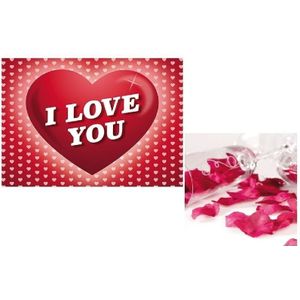 Valentijnsdag cadeau donkerrode rozenblaadjes en valentijnskaart - Rozenblaadjes / strooihartjes