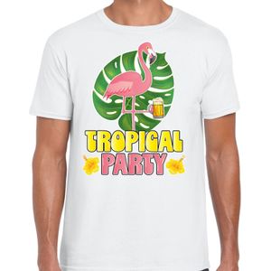 Tropical party T-shirt voor heren - flamingo - wit - carnaval/themafeest - Feestshirts