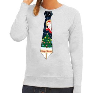 Foute kersttrui stropdas met kerst print grijs voor dames - kerst truien