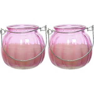 Decoris citronella kaarsen - 2x - in gekleurd glas - 15 branduren - 8 cm - roze