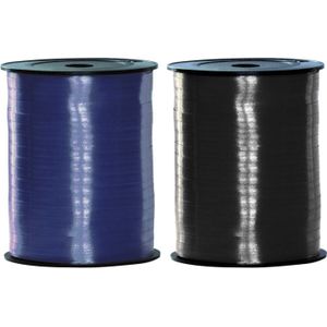Pakket van 2 rollen lint zwart en blauw 500 meter x 5 milimeter breed - Cadeauversiering