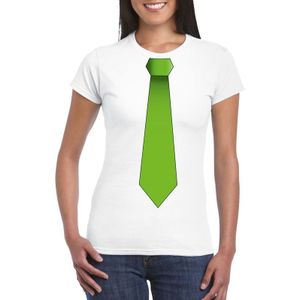 Wit t-shirt met groene stropdas dames - Feestshirts