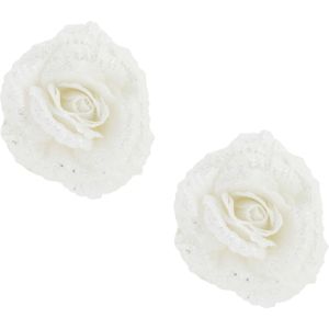 2x stuks decoratie bloemen roos wit glitter op clip 18 cm - Decoratiebloemen/kerstboomversiering/kerstversiering