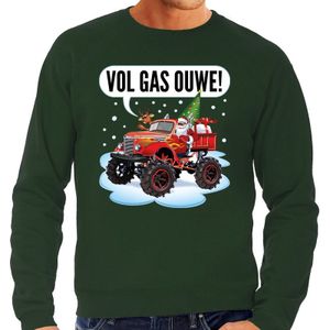 Grote maten groene foute kersttrui / sweater racende santa op monstertruck voor heren - kerst truien