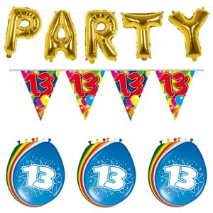 Verjaardag feestversiering 13 jaar PARTY letters en 16x ballonnen met 2x plastic vlaggetjes - Vlaggenlijnen