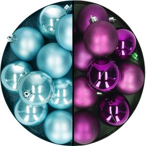 Kerstballen 24x stuks - mix paars en ijsblauw - 6 cm - kunststof - Kerstbal
