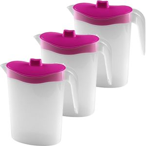 4x Waterkannen/sapkannen met roze deksel 1,5 liter 9 x 21 x 23 cm kunststof - Compact formaat schenkkannen die in de koelkastdeur past - Sapkannen/waterkannen/schenkkannen/limonadekannen