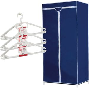 Set van mobiele opvouwbare kledingkast met blauwe hoes 160 cm en 15x plastic kledinghangers wit - Campingkledingkasten