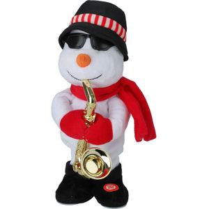 Tender toys Sneeuwpop pop - met saxofoon - dansend met muziek - 35 cm- kerstfiguur
