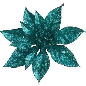 1x Kerstbloemen versiering emerald groene glitter kerstster/poinsettia op clip 15 cm - Kersthangers
