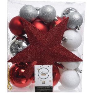 33x Rode/witte/zilveren kerstballen 5-6-8 cm glanzende/matte/glitter kunststof/plastic kerstversiering - Kerstbal