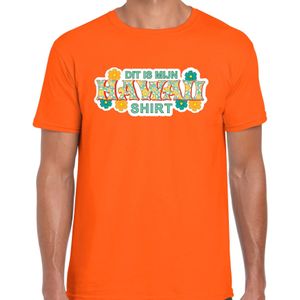 Hawaii shirt zomer t-shirt oranje met groene letters voor heren - Feestshirts