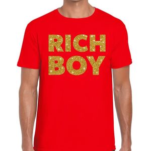 Rich boy goud glitter tekst t-shirt rood heren - Feestshirts