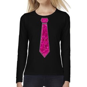 Verkleed shirt voor dames - stropdas pailletten roze - zwart - carnaval - foute party - longsleeve - Feestshirts