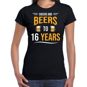 Cheers and beers 16 jaar verjaardag cadeau t-shirt zwart voor dames - Feestshirts