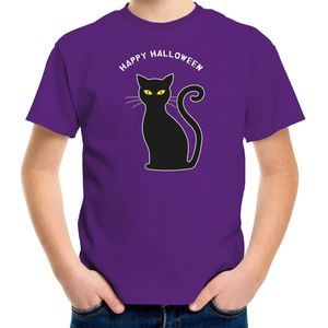 Halloween verkleed t-shirt voor kinderen - zwarte kat - paars - themafeest outfit - Feestshirts