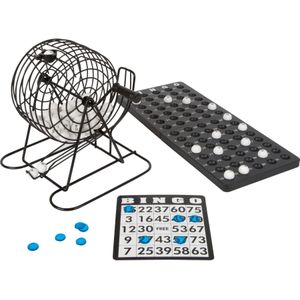 Bingo spel zwart/wit complete set 20 cm nummers 1-75 met molen/168x bingokaarten/2x stiften - Kansspelen