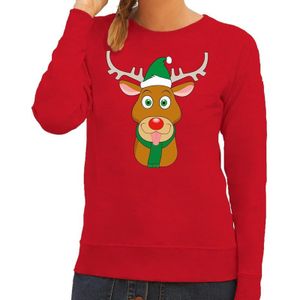Foute kersttrui rendier Rudolf met groene kerstmuts rood dames - kerst truien