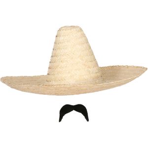 Carnaval verkleed setje - Mexicaanse sombrero hoed met plak nepsnor - naturel - heren - Verkleedhoofddeksels