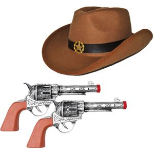 Cowboyhoed bruin en 2 revolvers verkleed set voor volwassenen - Verkleedhoofddeksels