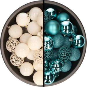 Kunststof kerstballen 74x stuks wol wit en turquoise blauw 6 cm - Kerstbal