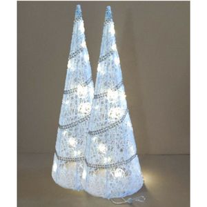LED kegel/piramide kerstboom lampen - 2x - wit - rotan/kunststof - H39 cm - kerstverlichting figuur