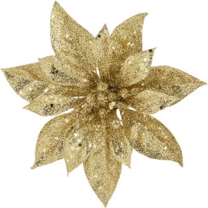 1x stuks decoratie bloemen kerstster goud glitter op clip 15 cm - decoratief-figuur
