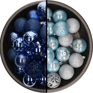 Kunststof kerstballen 74x stuks kobalt blauw en lichtblauw 6 cm - Kerstbal