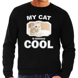 Witte kat katten sweater / trui my cat is serious cool zwart voor heren - Sweaters