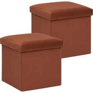 Poef/krukje/hocker Amber - 2x - Opvouwbare zit opslag box -  fluweel roest bruin - D38 x H38 cm - Poefs