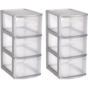 2x stuks ladeblok/bureau organizer met 3x lades grijs/transparant L39 x B28.5 x H58.5 cm - Ladeblok