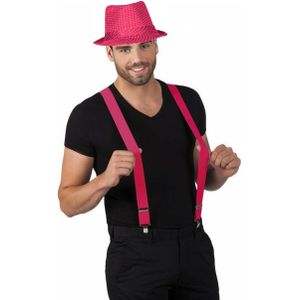 Carnaval verkleedset Partyman - glitter hoedje en bretels - fuchsia roze - heren - verkleedkleding - Verkleedattributen