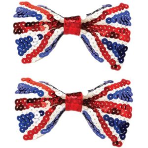 2x stuks union Jack vlag kleuren Engelse pailletten vlinder strik - Verkleedstrikjes