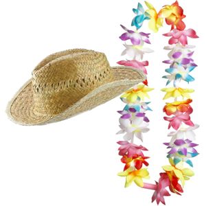 Carnaval verkleed set - Tropische Hawaii party - stro beach hoed - met LED gekleurde bloemenslinger - Verkleedhoofddeksels