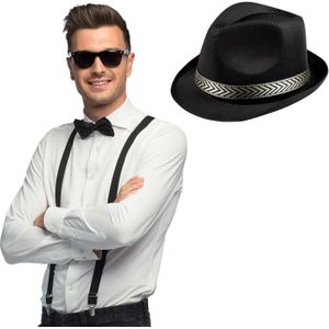 Carnaval verkleedset Funky - hoed/bretels/bril/strikje - zwart - heren/dames - verkleedkleding - Verkleedattributen