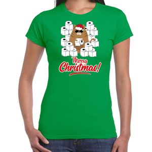 Fout Kerst t-shirt / outfit met hamsterende kat Merry Christmas groen voor dames - kerst t-shirts