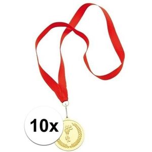 10x Gouden medailles aan rood halslint - Fopartikelen