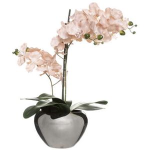 Orchidee bloemen kunstplant in zilveren bloempot - roze bloemen - H57 cm - Kunstplanten