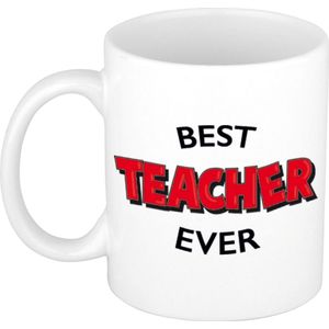 Best teacher ever cadeau mok / beker wit met rode cartoon letters voor meester / juf 300 ml - feest mokken